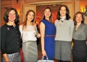  ??  ?? Event co-chairwoman Susanne Lent of Chestnut Hill (second from left) thanks her posse of friends including Laura Sibson, Michelle Sage, Amy Gadsden and Amy Raphael for supporting the annual pre-ballet party.