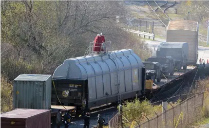  ?? DAVE JOHNSON TORSTAR ?? Two actresses stand on top of a rail car as a scene for Season 4 of “The Handmaid’s Tale” is filmed at Ceres Global Ag’s Port Colborne facility — the former Robin Hood — on Sherwood Forest Lane Wednesday.