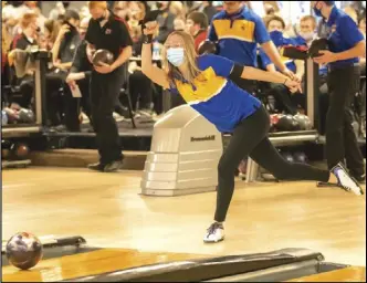  ?? Staff photo/ David Pence ?? St. Marys’ Chloe Gibson rolls the ball down the lane in Tuesday’s non-league bowling match against Marion Local at Speedway Lanes in New Bremen.