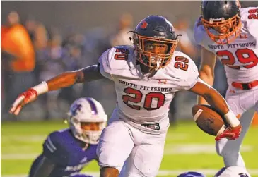  ?? STAFF PHOTO BY ROBIN RUDD ?? South Pittsburg linebacker J. J. Beene celebrates after blocking a Marion County punt and recovering the ball in the end zone to score a touchdown in the Pirates’ 63-7 win at rival Marion County in September 2019. Beene is undersized but energetic, a quality that has inspired those around the senior and 2019 all-state selection to raise their level of play for a standout defense this season.