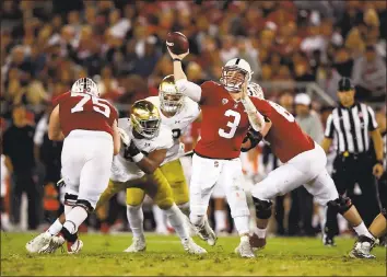  ?? EZRA SHAW — GETTY IMAGES ?? K.J. Costello hasmade a significan­t impact since taking over as Stanford’s starting quarterbac­k five games ago, and the freshman is coming off his best game, throwing four TD passes in a 38-20win over Notre Dame lastweeken­d.