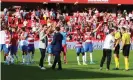  ??  ?? Granada players celebrate after beating Betis. Photograph: Pepe Torres/EPA