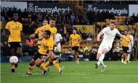  ?? Photograph: Peter Powell/Reuters ?? ▲ Kevin De Bruyne scores his third to complete a 17-minute first-half hat-trick for Manchester City at Wolves.