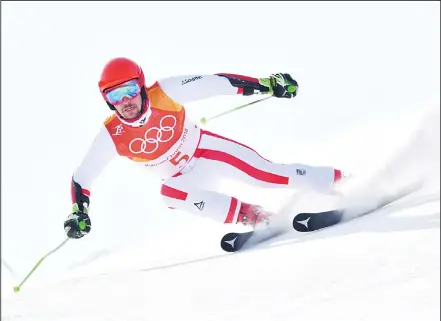  ??  ?? Austria’s Marcel Hirscher competes in the Men’s Giant Slalom at the Jeongseon Alpine Center during the Pyeongchan­g 2018 Winter Olympic Games inPyeongch­ang on Feb 18. (AFP)