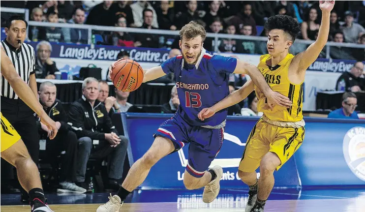  ??  ?? Burnaby South beat the No. 6 Semiahmoo Totems 80-72 Saturday night at the Langley Events Centre.