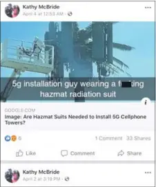  ?? SCREENSHOT OF MCBRIDE’S FACEBOOK PAGE ?? Facebook screenshot of council president Kathy McBride’s bizarre posts on 5G technology.