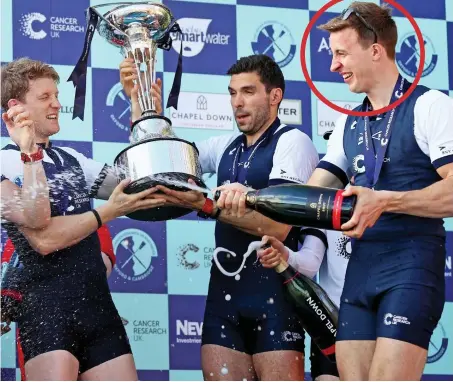  ??  ?? We did it: William Warr, circled, celebrates with Oxford teammates after winning the boat race yesterday