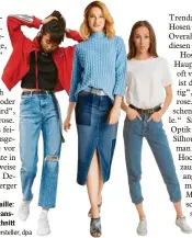  ?? Fotos: Hersteller, dpa ?? Stonewashe­d und betonte Taille: Cropped Jeans von Levi’s (li.), Jeansrock von Heine und gerader Schnitt bei Rebekka Ruétz.