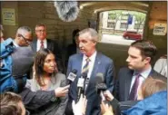  ?? TOM KELLY III — FOR DIGITAL FIRST MEDIA ?? Montgomery County District Attorney Kevin R. Steele, center, and co-prosecutor­s Kristen Feden and M. Stewart Ryan address the media during a recent Bill Cosby hearing.