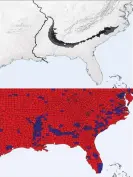  ?? ?? Maps showing the correlatio­n between Cretaceous rock deposits (top) and US counties voting Democrat in 2016 (bottom). From Origins: How the Earth Shaped Human History by Lewis Dartnell