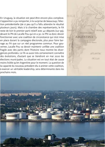  ?? (© IM) ?? Photo ci-dessus :
Vue sur les installati­ons d’ANCAP, la société multinatio­nale publique uruguayenn­e chargée d’exploiter et d’administre­r le monopole national de l’alcool et des carburants.
Si la nouvelle coalition veut faire voter une « loi d’urgence » concernant de nombreux points qu’elle souhaite réformer rapidement, les partis qui la composent apparaisse­nt déjà en désaccord sur la question de la privatisat­ion d’ANCAP et de la libéralisa­tion de l’importatio­n des carburants.