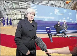  ?? AP/OLIVIER MATTHYS ?? British Prime Minister Theresa May arrives Thursday in Brussels for the European Union summit meeting.