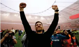  ?? Photograph: Lars Baron/Getty Images ?? Xabi Alonso celebrates after Bayer Leverkusen won the Bundesliga title with a 5-0 home win against Werder Bremen.