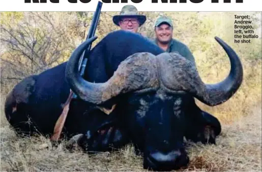  ?? ?? Target: Andrew Broggio, left, with the buffalo he shot