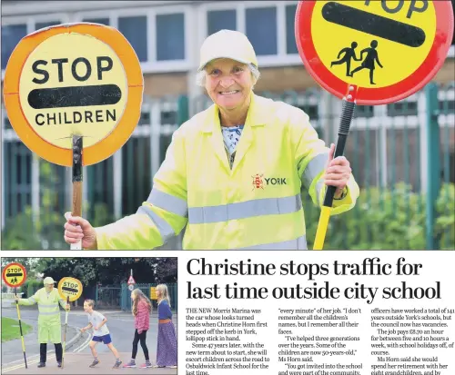  ??  ?? Top, Christine Horn carrying her modern and a wooden handled lollipop sticks: above, with pupils, from left, Simeon Dean eight, Corin Haywood and Imogen Dean, both 10.