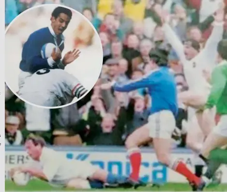  ??  ?? Ubiquitous: Jeff scores for England v Ireland at Twickenham in 1990 and, inset, tackles Serge Blanco in RWC 1991
