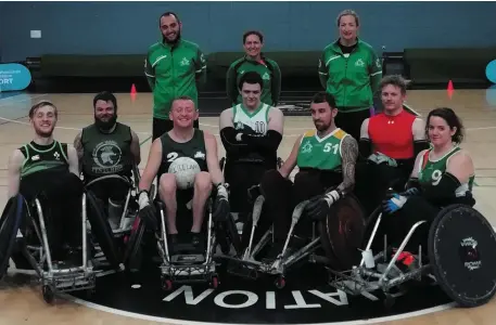  ??  ?? (Back, from left) Head coach Stuart Mclindon, Eleanor Lucey, assistant coach and team masseuse, and Lynn Cromie, team manager and doctor, with team members (front) Will Doggart, Alan Dineen, John McCarthy, Thomas Moylan, Shane Delaney, Michael O’Hanlon...