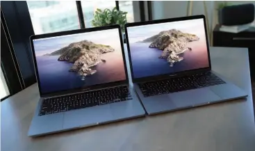  ??  ?? The new Macbook Pro (left) has the same 500-nit, 2560-by-1600 backlit Retina display as its predecesso­r (right). Including the big bezel.