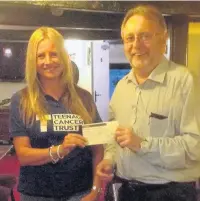  ??  ?? ●● Bill Livesey, chair of Prestbury Cricket Club, presents a cheque to Vanessa Simmons from the charity.