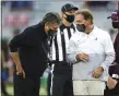  ?? GARY COSBY JR. — THE TUSCALOOSA NEWS VIA AP ?? Mississipp­i State Head Coach
Mike Leach, left, and Alabama
Head Coach Nick Saban talk before the start of an Oct. 31 game in Tuscaloosa, Ala. on Saturday.