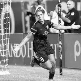  ?? CHARLES KING/STAFF PHOTOGRAPH­ER ?? Pride forward Sarah Hagen celebrates after scoring the team’s only goal in Friday’s loss to the Washington Spirits. Orlando’s playoff chances took a big hit with the defeat.