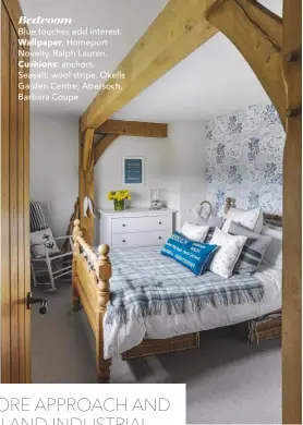  ??  ?? Bedroom
Blue touches add interest.
Wallpaper, Homeport Novelty, Ralph Lauren. Cushions: anchors, Seasalt; wool stripe, Okells Garden Centre; Abersoch, Barbara Coupe