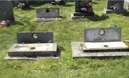  ??  ?? Headstones have been vandalised at St Lleian’s Church graveyard in Gorslas, near Cross Hands.