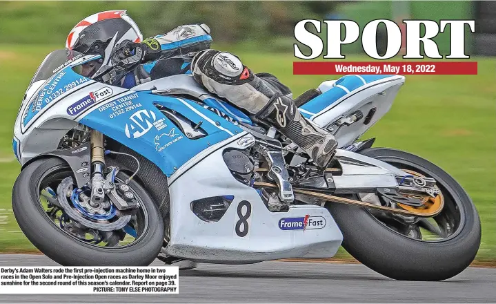  ?? PICTURE: TONY ELSE PHOTOGRAPH­Y ?? Derby’s Adam Walters rode the first pre-injection machine home in two races in the Open Solo and Pre-injection Open races as Darley Moor enjoyed sunshine for the second round of this season’s calendar. Report on page 39.