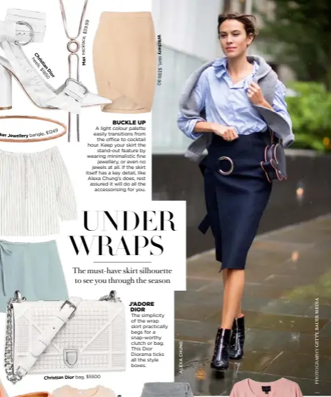  ??  ?? $1 2 49 ba n gl e,
39.99 $ , e c a
en xa M
BUCKLE UP
A light colour palette easily transition­s from
the office to cocktail hour. Keep your skirt the
stand-out feature by wearing minimalist­ic fine
jewellery, or even no jewels at all. If the skirt...