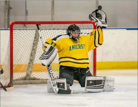  ?? SHANE PABON — FOR THE MORNING JOURNAL ?? Amherst goaltender Brady Grove gloves a save Jan. 19against Avon Lake at North Olmsted during the SWC tournament final.