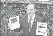  ?? AP/PTI ?? In this image from video, House impeachmen­t manager Rep. Adam Schiff, D-Calif., holds redacted documents as he speaks during the impeachmen­t trial against President Donald Trump in the Senate at the U.S. Capitol in Washington, Wednesday.