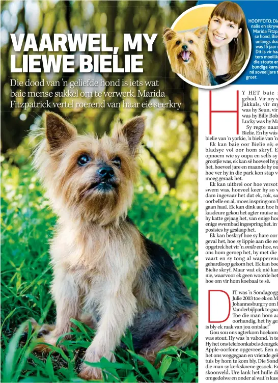  ??  ?? HOOFFOTO: Die joernalisn­alis en skrywskryw­er Marida FitzpaFitz­patrick sse hond, BieBielie, is onlangs doodood. Hy was 15 jaar ooud. Dit is vir haarhaa uitersters moeilik om die stoute en uitbundige­bundige karnakarna­llie ná soveel jare tte groet.