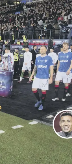  ??  ?? 0 Steven Gerrard leads his team out for the Betfred Cup final in 2019. Celtic won the match as Rangers again fell short in cup competitio­ns