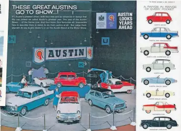  ?? ?? Grand cars, medium cars, small cars and sports cars – this was the Austin range in 1959, featuring the new Mini.