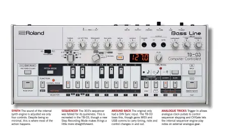  ??  ?? ANALOGUE TRICKS Trigger In allows analogue clock pulses to control sequencer stepping and CV/Gate lets the internal sequencer engine play notes on external analogue gear.
AROUND BACK The original only had a DIN Sync input. The TB-03 loses this, though...