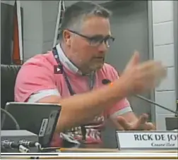  ?? City of West Kelowna ?? West Kelowna Coun. Rick de Jong rails against the speculatio­n tax during a council meeting shown on the web.