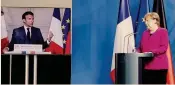  ??  ?? Videoconfe­renza stampa. Emmanuel Macron e Angela Merkel collegati da remoto