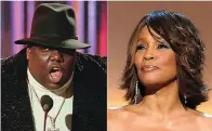 ?? Associated Press ?? ■ This combinatio­n photo shows Notorious B.I.G., who won rap artist and rap single of the year, during the annual Billboard Music Awards in New York on Dec. 6, 1995, left, and singer Whitney Houston at the BET Honors in Washington on Jan. 17, 2009. Houston and the Notorious B.I.G. are among the 16 acts nominated for the Rock and Roll Hall of Fame’s 2020 class.