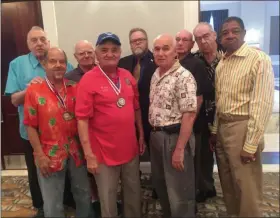  ?? PEG DEGRASSA - MEDIANEWS GROUP ?? The Schoolhous­e Center’s Billiards team, the Pocket Pirates, attended and sat together at the Delaware County Senior Games Winners Circle luncheon. The men participat­ed in the 2019 Billiards and other athletic events at the Senior Games in June. Pictured, left to right, front, are John Krok, 76, of Crum Lynne; Harry Mirra, 85, of Morton; Joe Diviny, 73, of Folsom; Ernie Brown, 84, of Chester; back, Tony Valerio, 91, of Swarthmore; Stan Smith, 70, of Prospect Park; Howard Billbee, 68, of Folsom; Roberty Boyle, 75, of Folsom; and Tom Broyles, 72, of Chester.