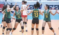  ??  ?? Members of the Far Eastern Lady Tamaraws celebrate their victory over the University of the East Lady Warriors in UAAP women’s volleyball yesterday. (Rio Leonelle Deluvio)