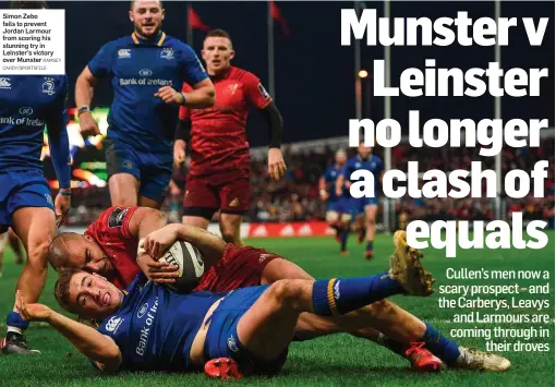  ?? RAMSEY CARDY/SPORTSFILE ?? Simon Zebo fails to prevent Jordan Larmour from scoring his stunning try in Leinster’s victory over Munster