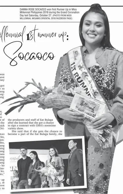  ??  ?? DANNA ROSE SOCAOCO won first Runner Up in Miss Millennial Philippine­s 2018 during the Grand Coronation Day last Saturday, October 27.