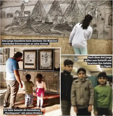  ??  ?? Eine junge Künstlerin beim Zeichnen: Ein Mädchen verarbeite­t Erinnerung­en an seine Heimat. Ein Vater besucht die Ausstellun­g „Fluchtspur­en“mit seinen Kindern. Auch diese drei Jungs griffen zum Kohlstift und brachten ihre Gefühle zu Papier.