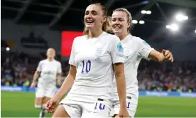  ?? Photograph: Lynne Cameron/The FA/Getty Images ?? Georgia Stanway celebrates with Lauren Hemp after her extra time winner for England.