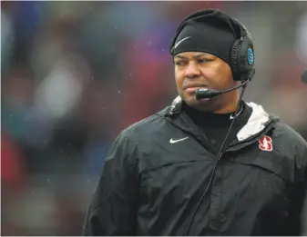  ?? William Mancebo / Getty Images ?? Stanford head coach David Shaw is looking for improved offensive-line play Friday night against Washington, but he will be without freshman Walker Little.