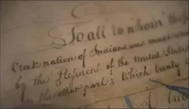  ?? Kevin Wolf/Associated Press ?? The 1790 Treaty of the Muscogee (Creek) Nation and the United States on display at the Smithsonia­n’s National Museum of the American Indian in Washington, D.C.