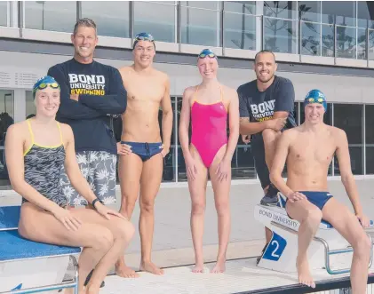  ?? Picture: Cavan Flynn/Bond Uni ?? Layla Day, coach Chris Mooney, Joshua Collett, Mikayla Bird, coach Kyle Samuelson and Edward Speller are gearing up for the competitio­n in Japan.