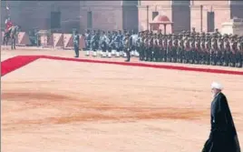  ??  ?? ■ Iranian President Hassan Rouhani leaves after inspecting the guard of honour during a ceremonial reception at the Rashtrapat­i Bhavan in New Delhi on Saturday, VIPIN KUMAR/HT