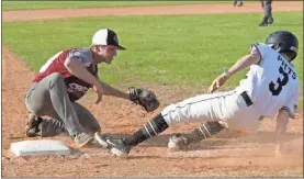  ?? Scott Herpst ?? Isaac Pitts scampers back to third base to avoid a tag during Game 1 of the Ridgeland Panthers’ series with Central-Carroll last Tuesday.