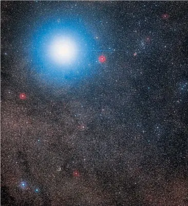  ?? [ Digitized Sky Survey 2] ?? Der rote Punkt rechts ist der Stern, um den der Planet kreist: Proxima Centauri. Er ist ein Roter Zwerg und so leuchtschw­ach, dass man ihn mit bloßem Auge nicht sieht. Den Planeten schon gar nicht.